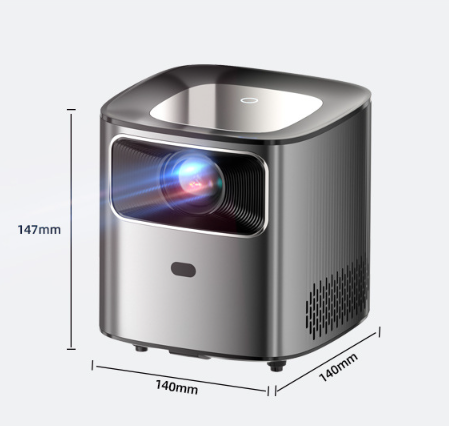 Mini Home HD Projector Portable 1080p Video Player Machine showcasing a sleek design and dimensions of 140mm x 147mm, ideal for delivering high-quality presentations and entertainment as a 1080p video projector.