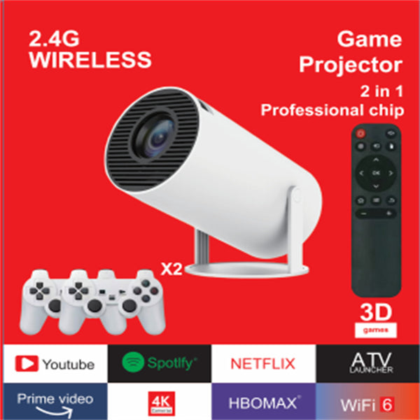 Game hot projector MAX300 portable 4k projector with wireless controller and 2.4G wireless capabilities, designed for optimal gaming experience, featuring Android operating system.