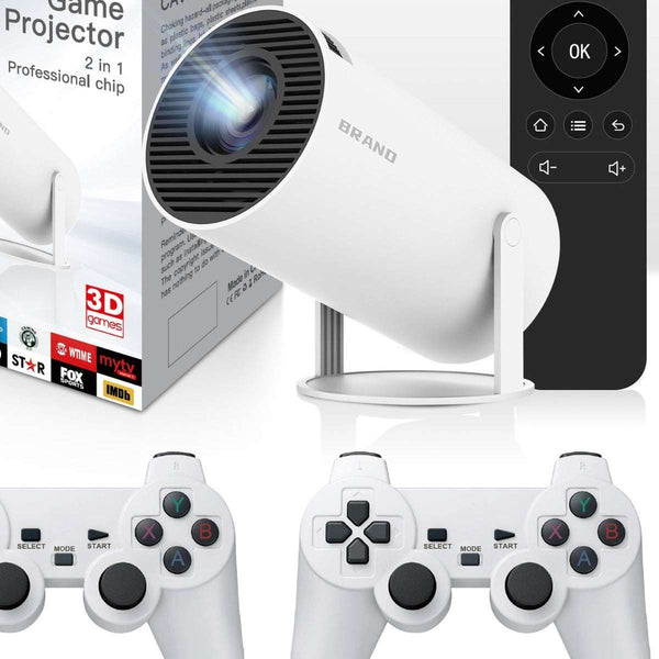 Innovative Game hot projector MAX300 portable 4k projector displaying a sleek design with dual controllers, perfect for immersive gaming sessions, powered by Android technology.