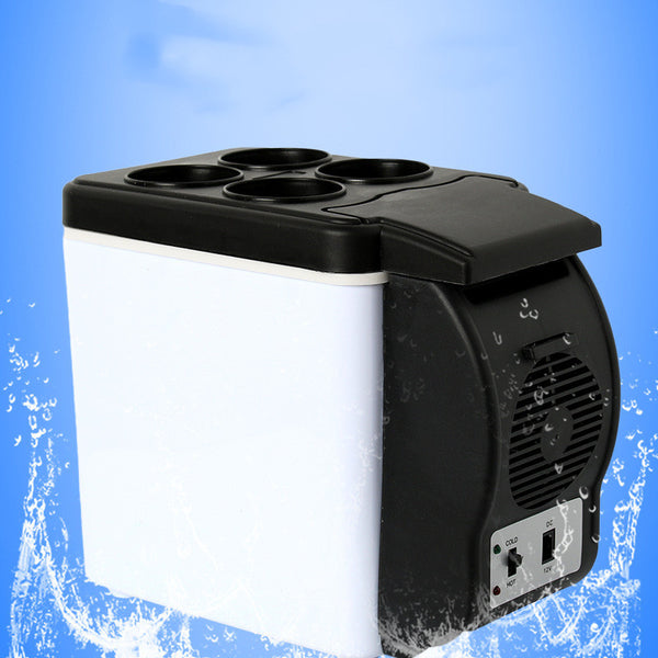 Portable Car Refrigerator 6L - Insulated Hot and Cold 12V Car Mini Fridge with cup holders on top, ideal for keeping beverages cool.