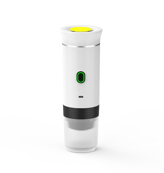 Portable espresso machine in white color, designed for coffee lovers, featuring a sleek design with buttons for operation. Ideal for making espresso on-the-go. Perfect for coffee, espresso enthusiasts.
