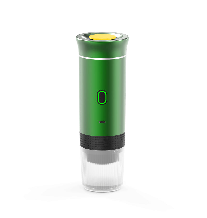 Portable espresso machine in green, featuring advanced technology for brewing perfect espresso. Ideal for coffee enthusiasts who love portability.