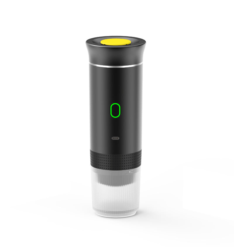 Portable espresso machine in black, showcasing a compact design optimal for travel. Perfect for effortlessly preparing coffee and espresso in any setting.