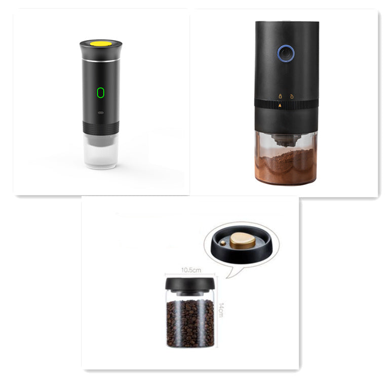 Detailed view of a portable espresso machine in black, highlighting the detachable components for easy cleaning. Ideal for coffee and espresso preparation on-the-go.