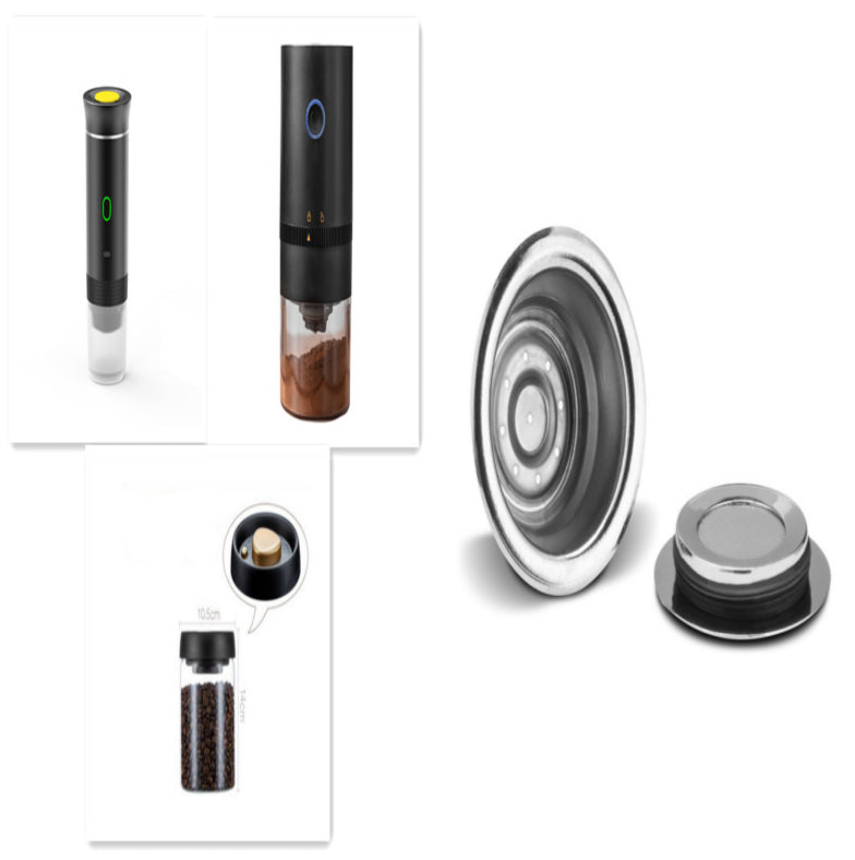 Image featuring a portable espresso machine with a transparent container, emphasizing its functionality and convenience for coffee and espresso lovers.