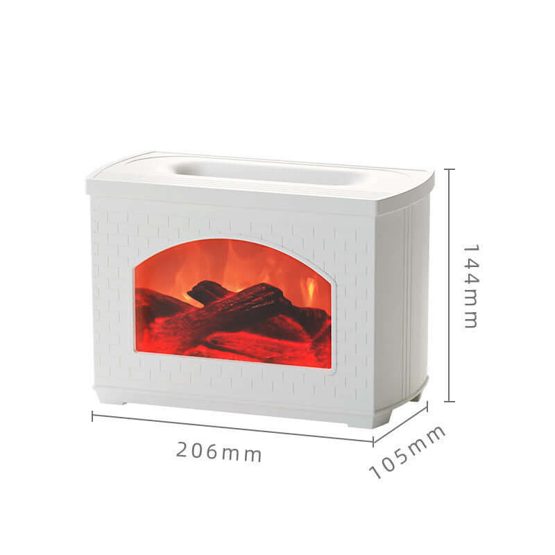 Close-up of the white simulated flame humidifier, emphasizing its dimensions and stylish appearance for any indoor space.