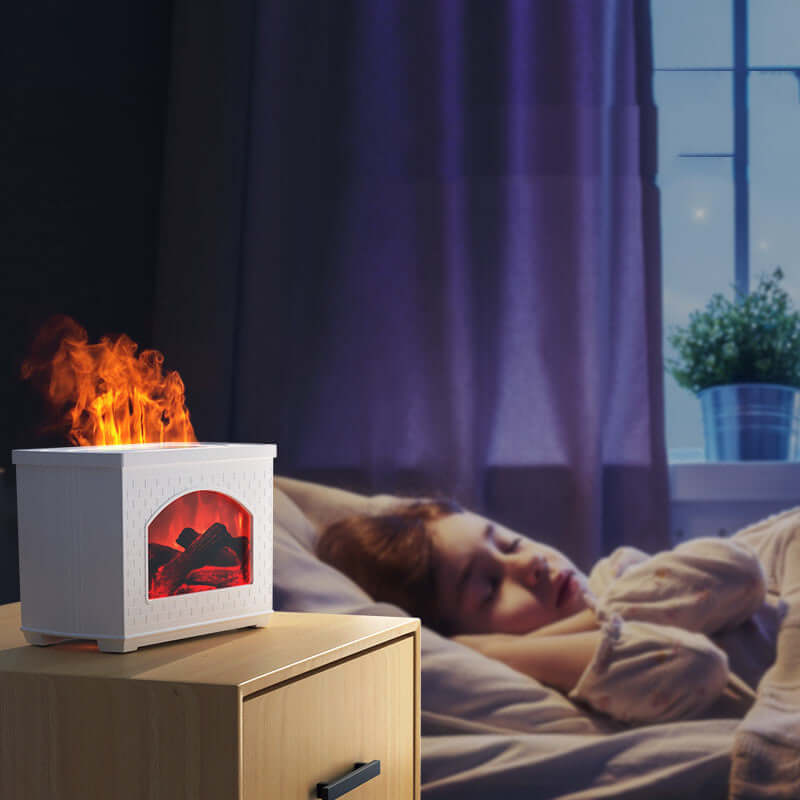 Simulated flame humidifier placed beside a bed with a cozy atmosphere, highlighting its functionality in enhancing comfort during sleep.