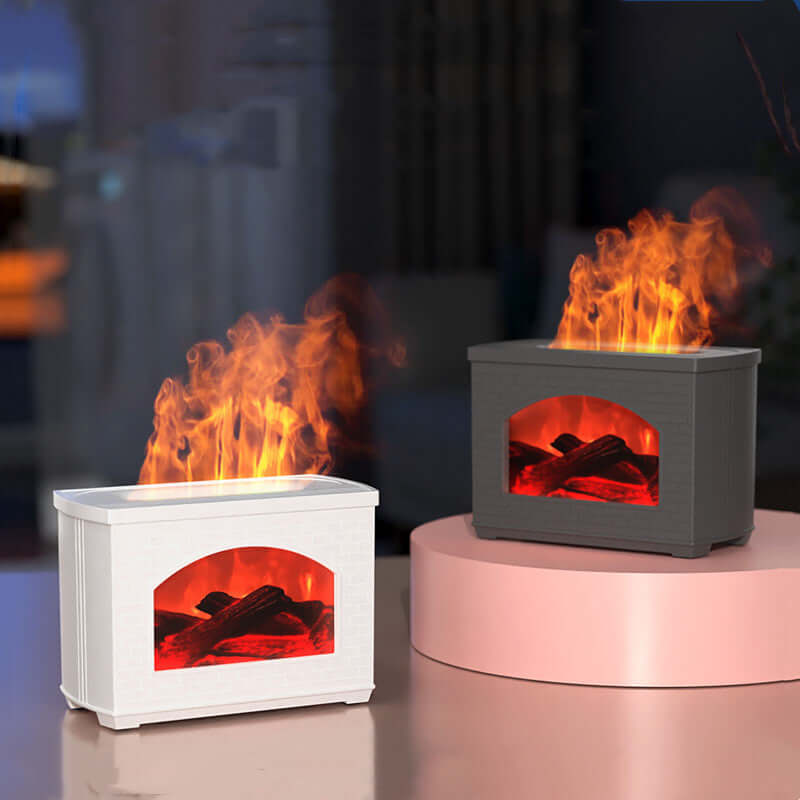Simulated Flame Humidifier featuring black and white designs, creating an ambiance with a realistic flame effect.