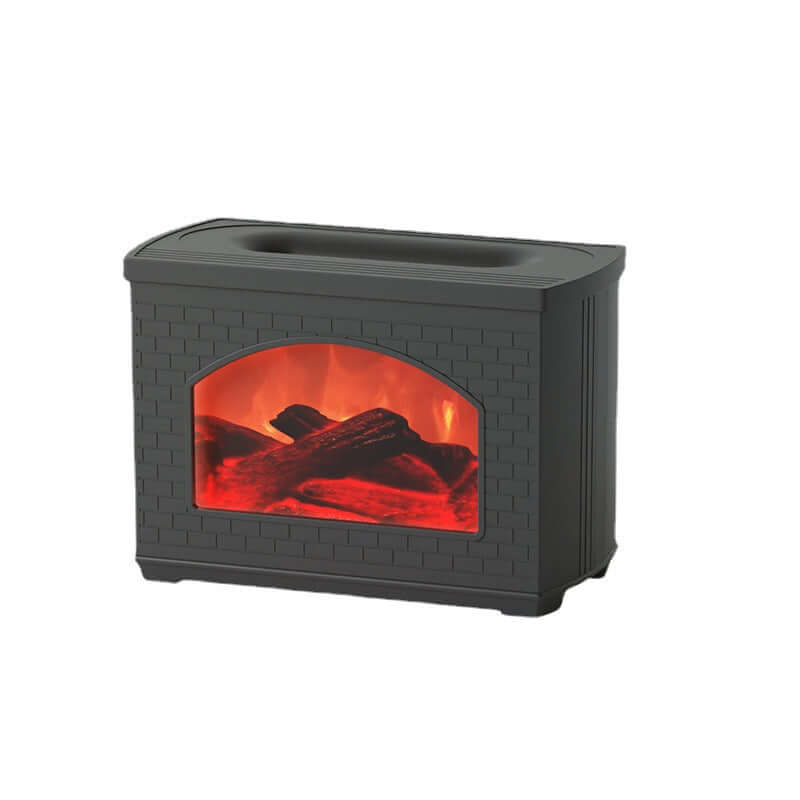 Front view of the black simulated flame humidifier, illustrating its sleek design and vibrant simulated flame feature.