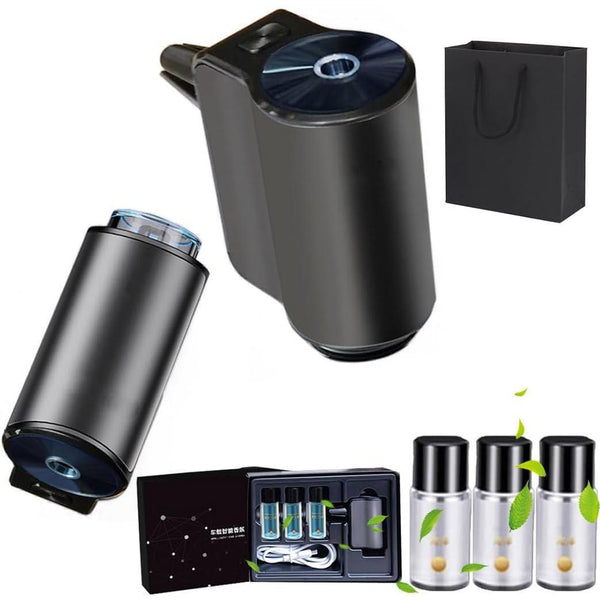 Introducing the Smart Car Air Freshener Diffuser featuring a sleek black design, adjustable settings, and includes aromatherapy oils for rejuvenating air quality.