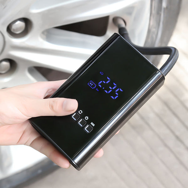 Car Mini Portable Electric Smart Wireless Digital Inflator shown in use, displaying digital pressure reading, designed as a smart car digital inflator.