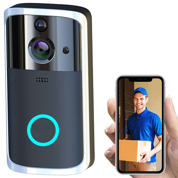 Smart doorbell camera showcasing HD video capabilities with two-way intercom functionality and remote access. Features include a sleek design, making it an efficient addition to home security with Wi-Fi connectivity.