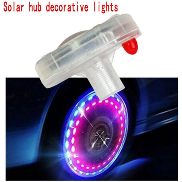 Solar powered wheel lights for car decoration featuring LED colors glowing on a spinning wheel. Enhances vehicle aesthetics with solar hub decorative lights.