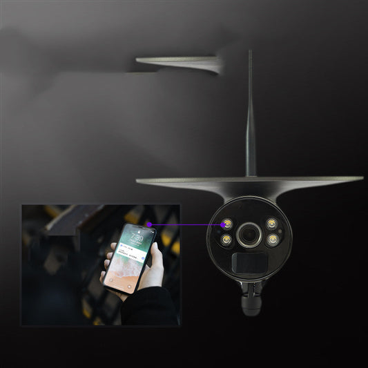 New Solar Wireless WIFI Camera 4G Outdoor High-definition Full Color Mobile Phone Remote Monitoring Camera displayed in close-up, highlighting the connection with a mobile phone, showcasing features of the solar wifi camera for mobile monitoring.