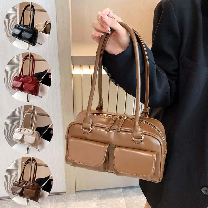 Multi-pocket Design Shoulder Bag featuring a versatile square shape in brown, ideal for women, showcasing its stylish and functional multi-pocket design for everyday use.