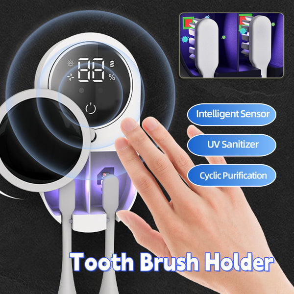 UV toothbrush sterilizer showcasing an intelligent sensor feature for easy access and automated sanitation. Tooth brush holder sanitizer with digital display.
