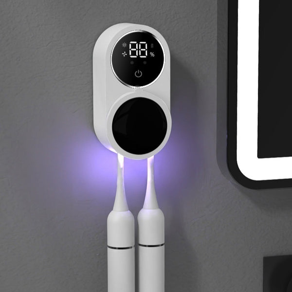 UV toothbrush sterilizer installed on a wall, displaying a modern design with a digital indicator. Tooth brush holder sanitizer for effective hygiene.