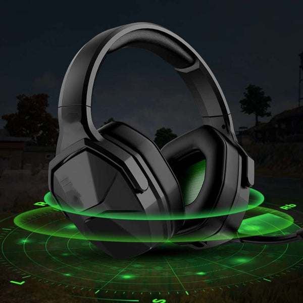 Headworn Gaming Headphones Wired Esports 7.1 Channel showcasing sleek design with green sound visualization, ideal for immersive esports gaming earphones.