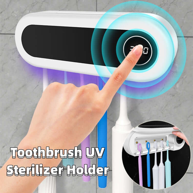Hand interacting with the Toothbrush UV Sterilizer Holder showcasing its modern design and charging indicator, ideal for maintaining hygiene and efficiency in oral care.