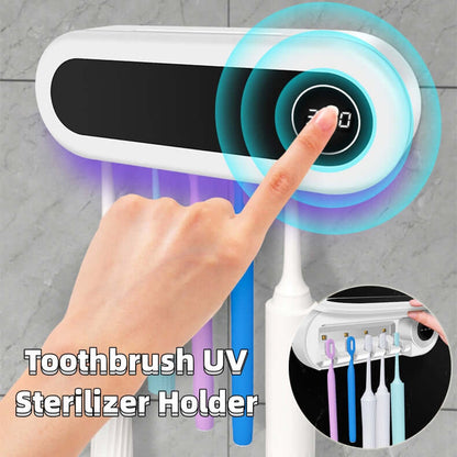 Hand interacting with the Toothbrush UV Sterilizer Holder showcasing its modern design and charging indicator, ideal for maintaining hygiene and efficiency in oral care.