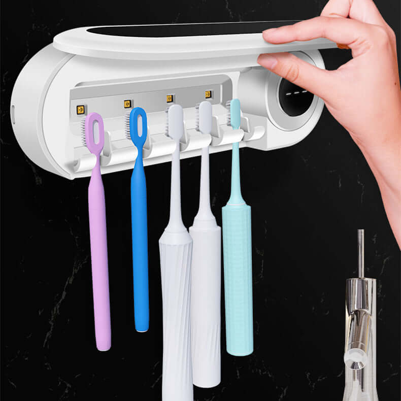 User easily placing toothbrushes into the Toothbrush Sterilizer Holder with UV Disinfection feature, emphasizing its capacity to hold multiple brushes while ensuring cleanliness.