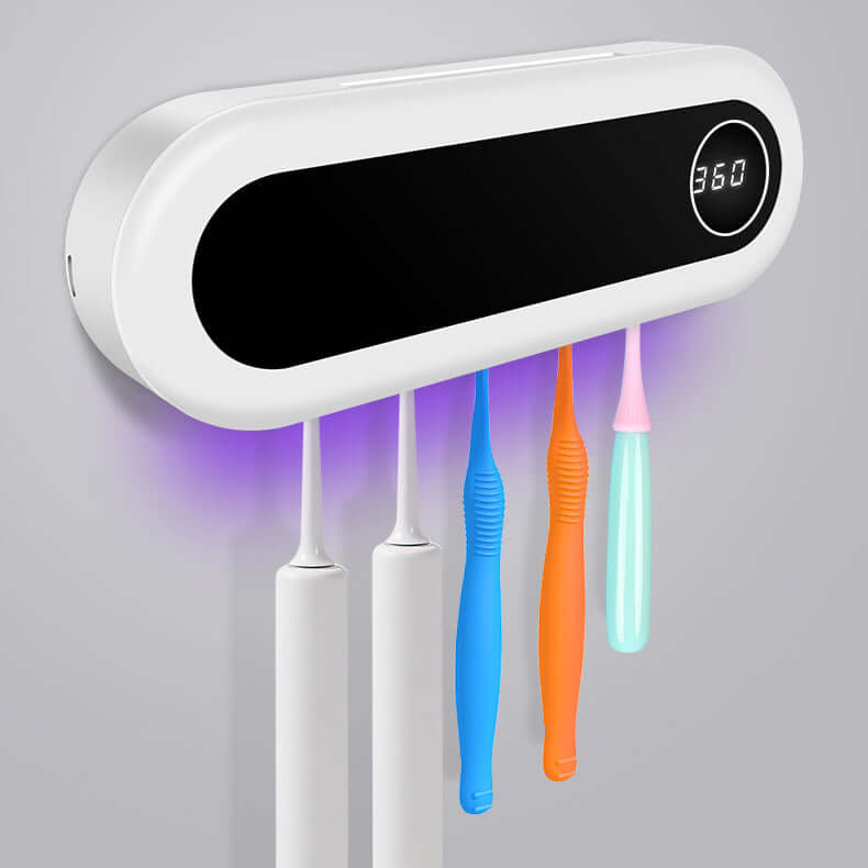 Display of colorful toothbrushes hanging from the Wall Mounted Toothbrush Sterilizer Holder, highlighting its UV sterilization function designed for better oral hygiene.