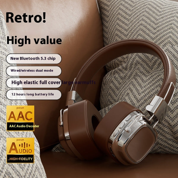 Retro Wireless Bluetooth-compatible 5.3 Head-mounted Dynamic Bass Boost Headset on a stylish surface, showcasing its premium design and features including dual-mode operation and comfortable ear cushions. Ideal for music lovers seeking bluetooth 5.3 headsets.