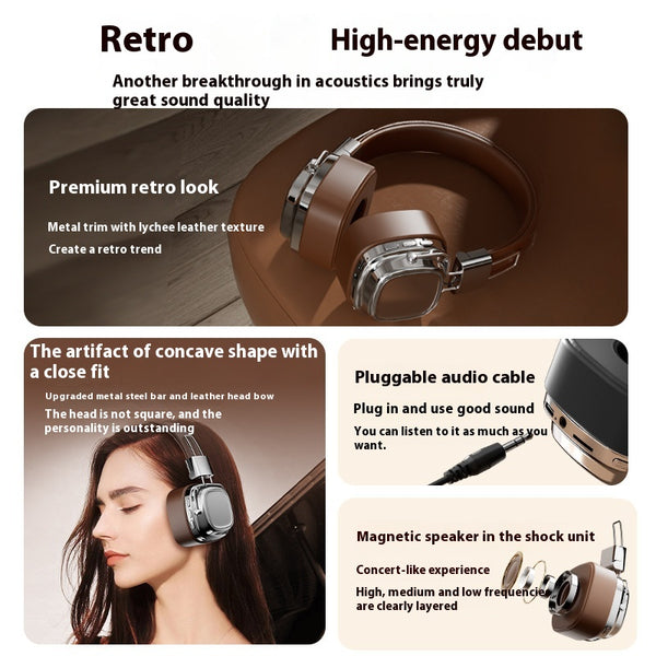 Close-up view of the Retro Wireless Bluetooth-compatible 5.3 Head-mounted Dynamic Bass Boost Headset highlighting its sleek metal trim and luxurious ear cups, emphasizing its retro look. Perfect for those searching for quality bluetooth 5.3 headsets.