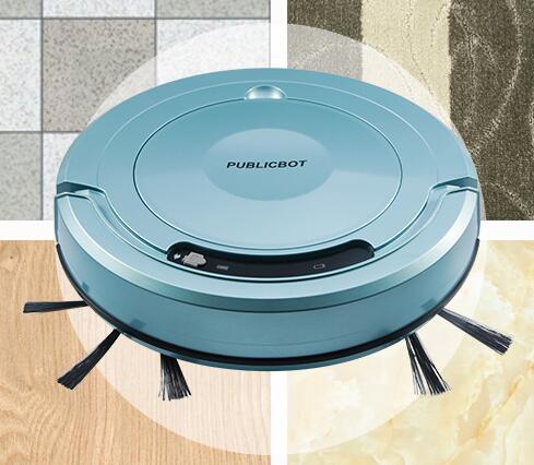 Intelligent Vacuum and Mopper - A blue robot vacuum cleaner on varied floor textures, showcasing its versatility in cleaning.