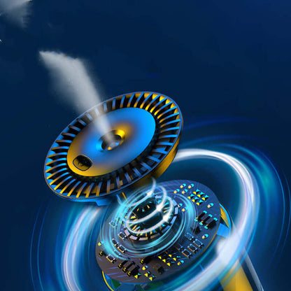 Close-up of AI powered fragrance dispenser emitting mist with futuristic blue and yellow design