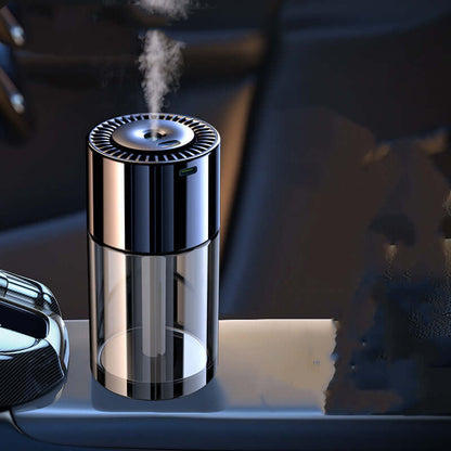 AI powered fragrance dispenser releasing mist with sleek black and transparent design on a surface