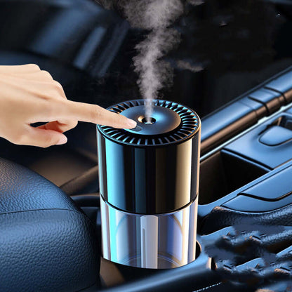 AI powered fragrance dispenser in car cup holder releasing mist with finger pressing top button