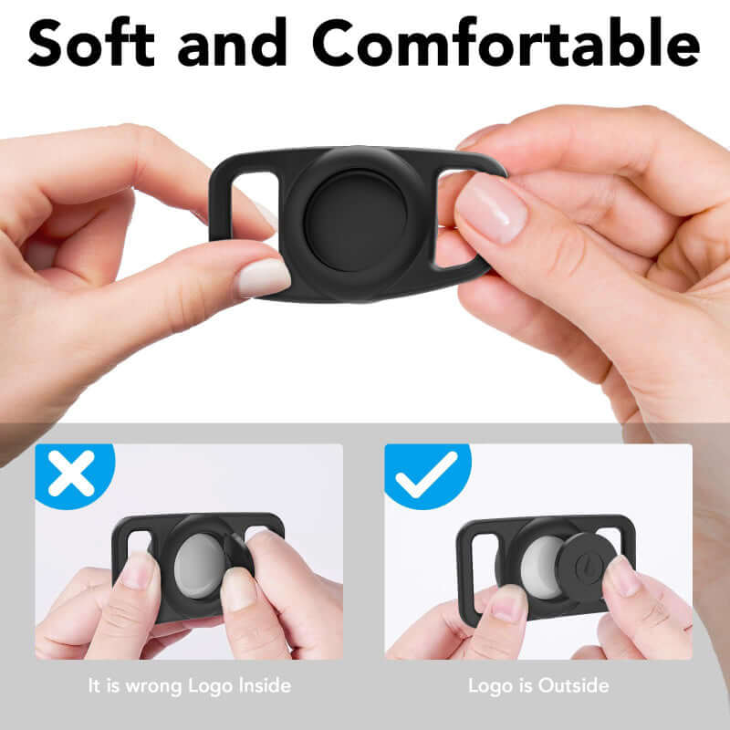 Soft and comfortable black airtag pet collar cover showing correct logo placement on the outside