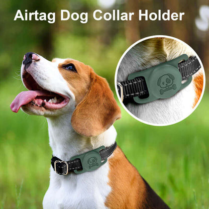 Beagle dog wearing a black collar with a green airtag pet collar cover featuring a skull design