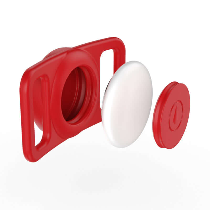 Red airtag pet collar cover with white Airtag device and cap for secure pet tracking