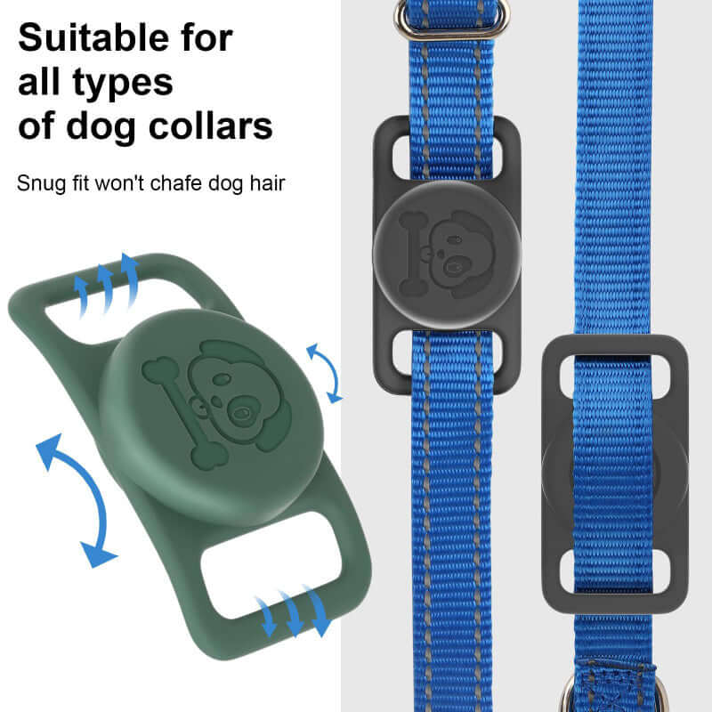Dropshipman airtag pet collar cover in green and black fits securely on blue dog collars
