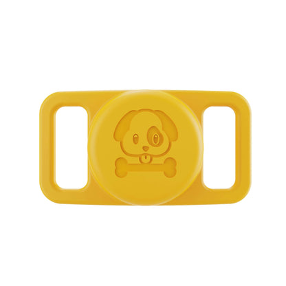 Yellow airtag pet collar cover with dog and bone design for secure pet identification