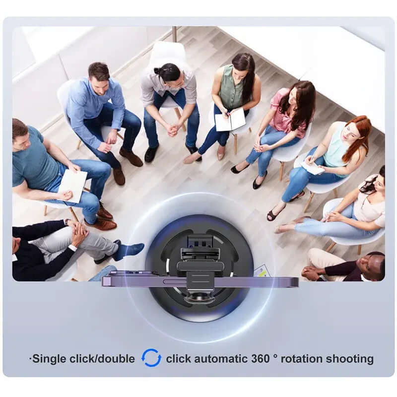 eprolo auto face tracking phone holder showing 360 degree rotation capturing people seated in a circle