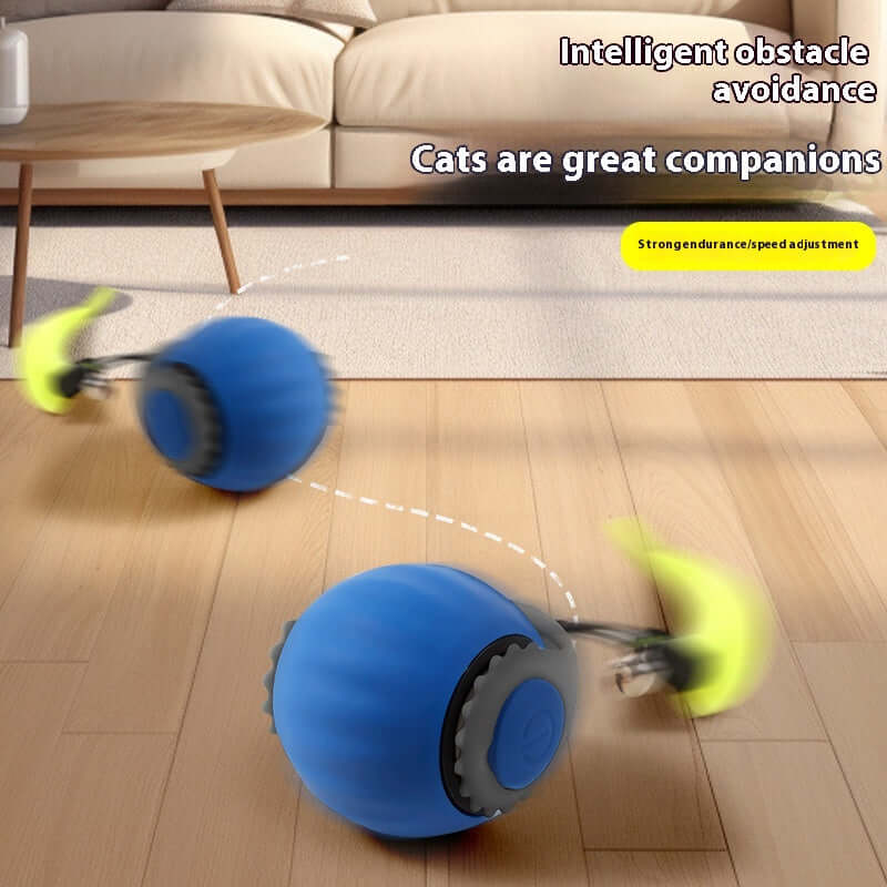 The Automatic Cat Toy Ball with Interactive Tail rolls smoothly across the floor, demonstrating its intelligent obstacle avoidance features. This automatic cat toy is designed for fun and interactive play.