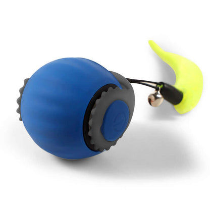 The Automatic Cat Toy Ball with Interactive Tail shown in a playful pose, featuring its bright blue color and engaging design. This automatic cat toy is a favorite among cat toys for keeping pets entertained.