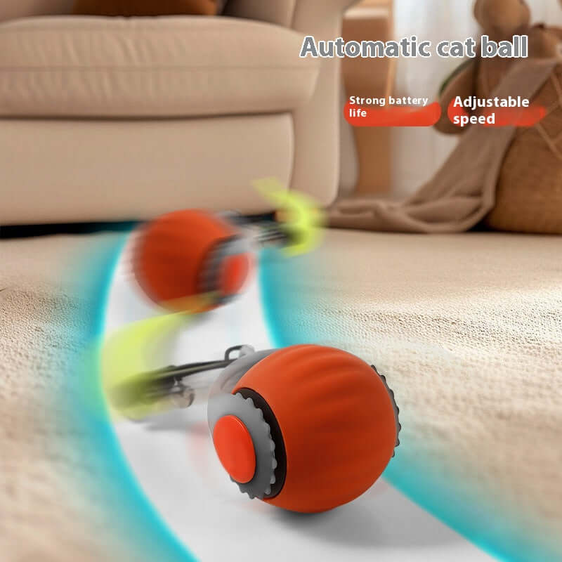 The Automatic Cat Toy Ball with Interactive Tail in motion, highlighting its adjustable speed and strong battery life. Perfect for cats, this automatic cat toy invites energetic playtime.