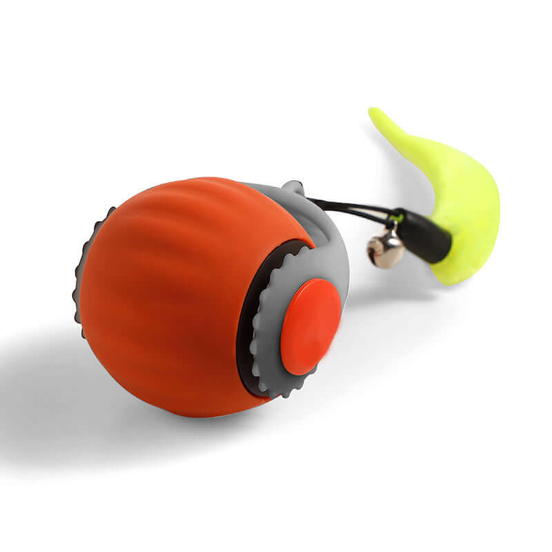 Close-up view of the Automatic Cat Toy Ball with Interactive Tail, emphasizing its vibrant design and soft materials. This automatic cat toy ensures a safe and engaging play experience for cats.