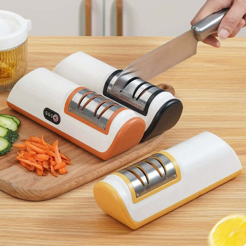 eprolo automatic knife sharpener for home with multiple slots and handheld knife sharpening on wooden table