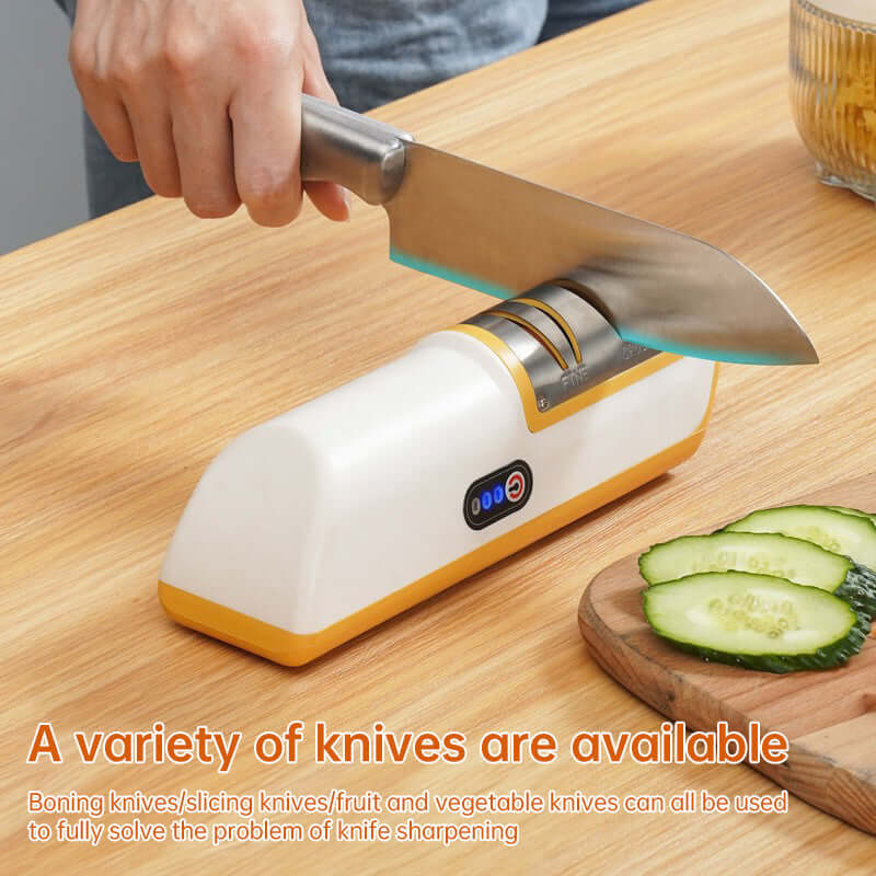 eprolo automatic knife sharpener for home sharpening a large kitchen knife on wooden surface