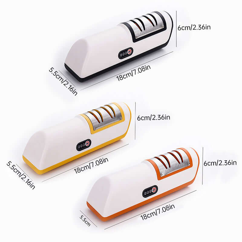 eprolo automatic knife sharpener for home in white with black, yellow, and orange accents showing size dimensions
