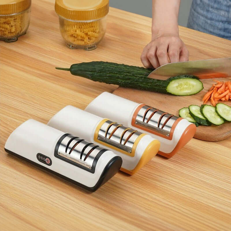 eprolo automatic knife sharpener for home in white yellow and orange with three sharpening slots