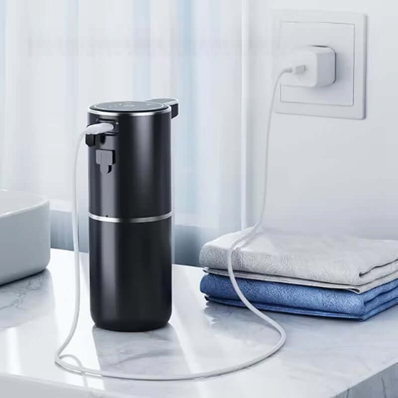 eprolo automatic soap dispenser touchless in black with charging cable on bathroom countertop
