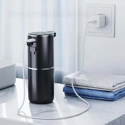 eprolo automatic soap dispenser touchless in black with charging cable on bathroom countertop