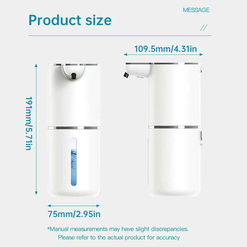 White automatic soap dispenser touchless with product size dimensions displayed