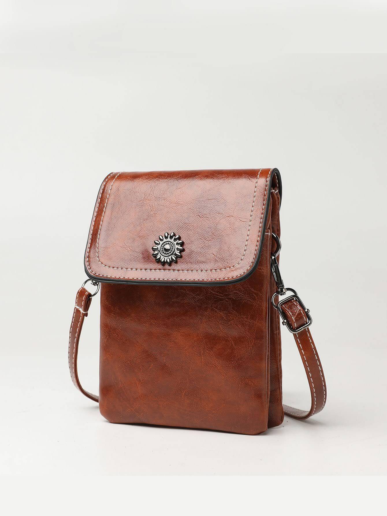 Fashion Simple Large Capacity Mobile Phone Bag Mini Crossbody Bag in brown color, focusing on the front view with a decorative clasp. An ideal example of a fashionable mini bag.
